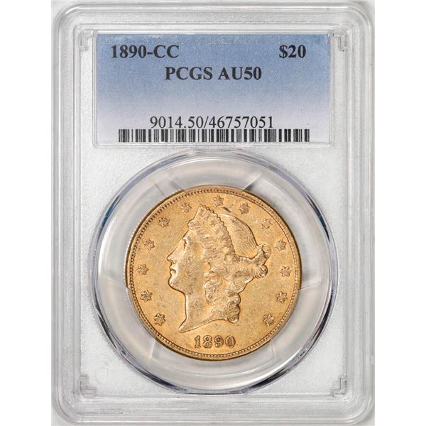 1890-CC $20 Liberty Head Double Eagle Gold Coin PCGS AU50