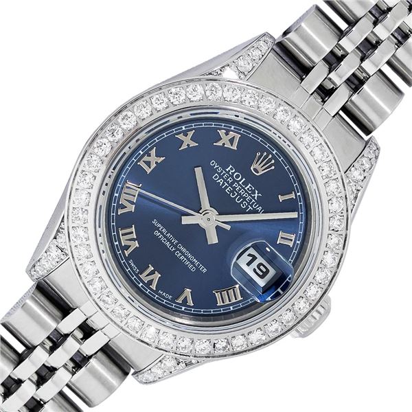 Rolex Ladies Stainless Steel Blue Roman Diamond Datejust Wristwatch