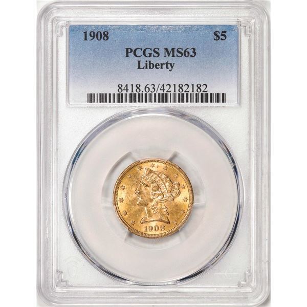 1908 $5 Liberty Head Half Eagle Gold Coin PCGS MS63