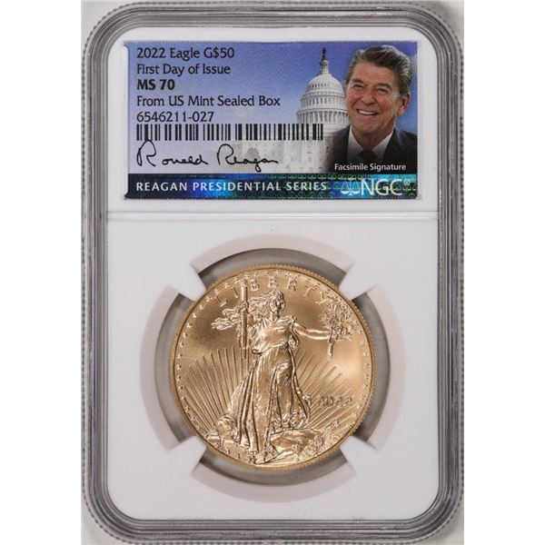 2022 $50 American Gold Eagle Coin NGC MS70 FDOI Reagan Presidential Series Signature