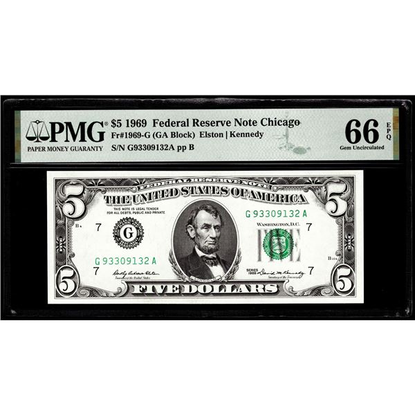 1969 $5 Federal Reserve Note Chicago Fr.1969-G PMG Gem Uncirculated 66EPQ