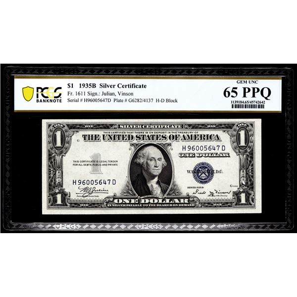 1935B $1 Silver Certificate Note Fr.1611 PCGS Gem Uncirculated 65PPQ