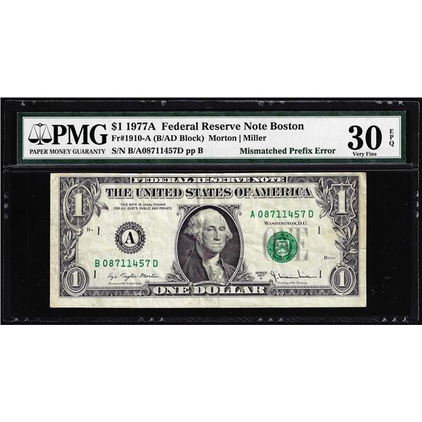 1977A $1 Federal Reserve Note Mismatched Prefix Error Fr.1910-A PMG Very Fine 30EPQ