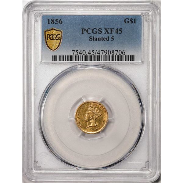 1856 Slanted 5 $1 Indian Princess Head Gold Dollar Coin PCGS XF45