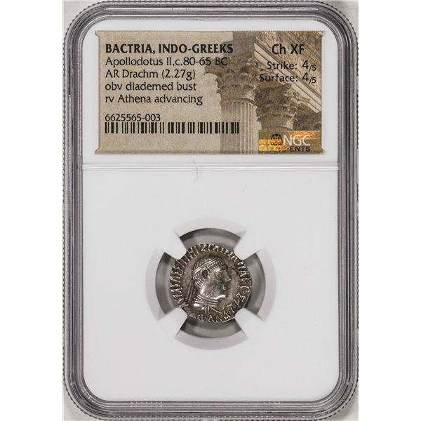 80-65 BC Bactria, Indo-Greeks Apollodotus II AR Drachm Ancient Coin NGC Ch XF