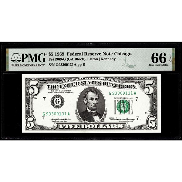 1969 $5 Federal Reserve Note Chicago Fr.1969-G PMG Gem Uncirculated 66EPQ