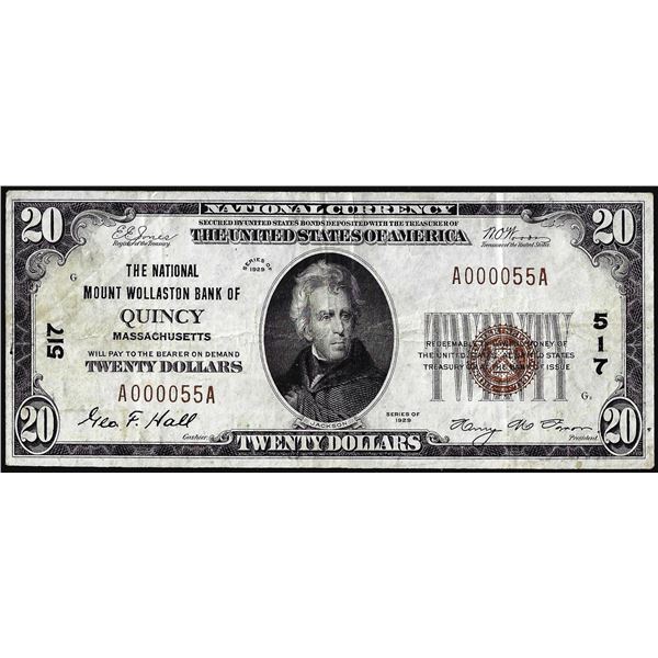 1929 $20 Mount Wallaston Bank of Quincy, MA CH# 517 National Note Low Serial Number