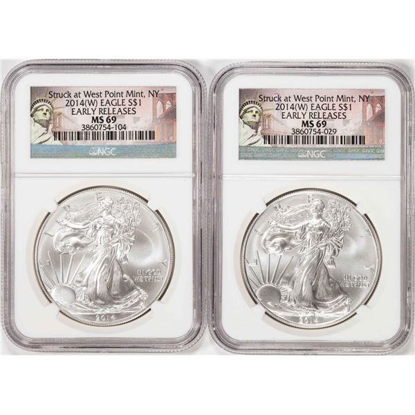 Lot of (2) 2014-(W) $1 American Silver Eagle Coins NGC MS69