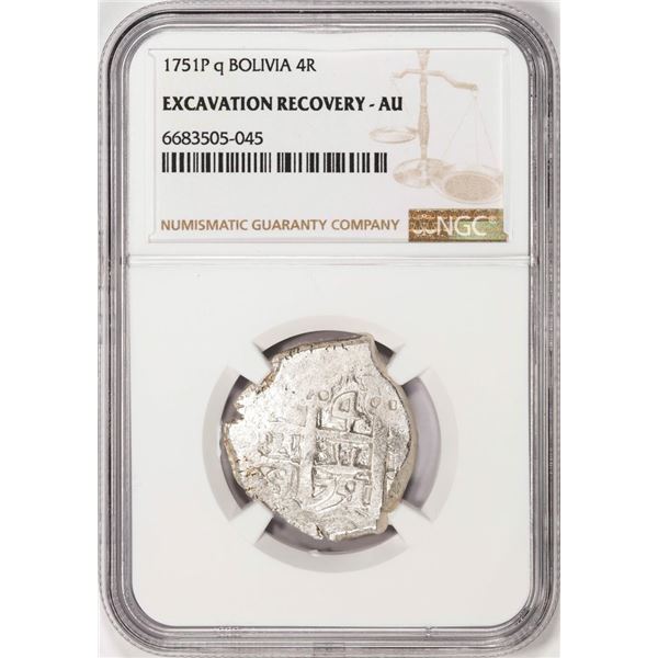 Shipwreck 1751P q Bolivia 4 Reales Silver Coin NGC AU Excavation Recovery