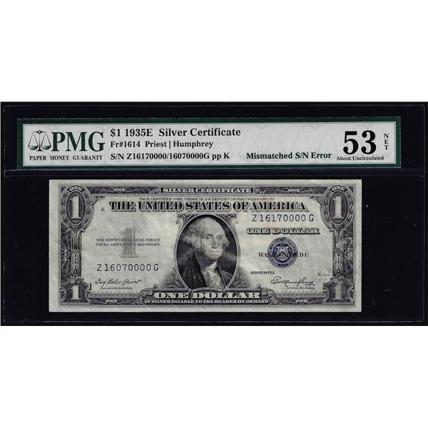 1935E $1 Silver Certificate Note Mismatched Serial Number Error PMG About Unc. 53 Net