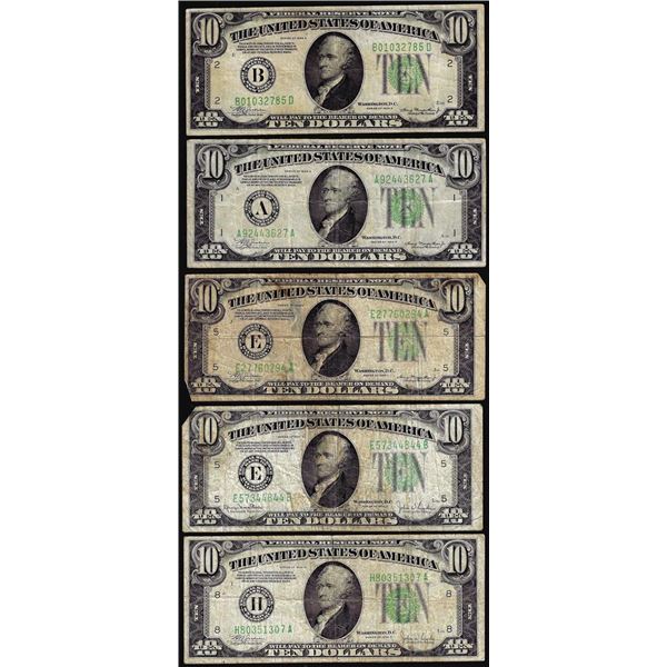 Lot of (5) 1934 $10 Federal Reserve Notes