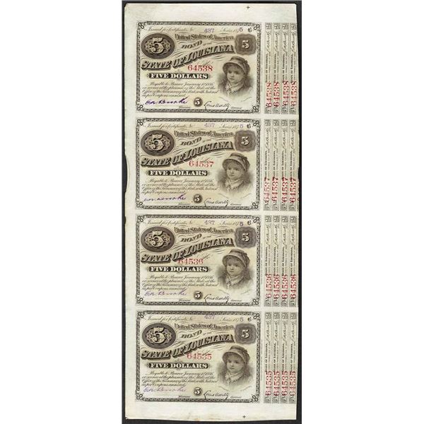 Uncut Sheet of (4) State of Louisiana Baby Bond Obsolete Notes