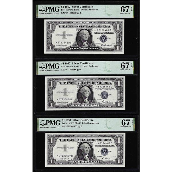 (3) Consecutive 1957 $1 Silver Certificate Star Notes Fr.1619* PMG Superb Gem Unc. 67EPQ