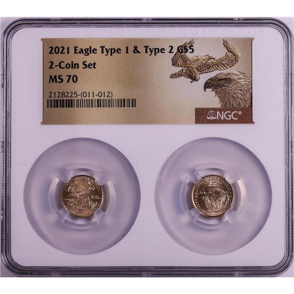 Set of 2021 Type 1 & Type 2 $5 American Gold Eagle Coins NGC MS70