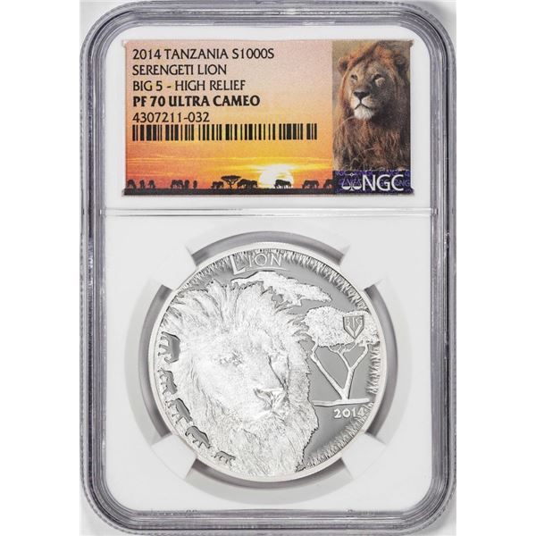 2014 Tanzania 1000 Shillings Serengeti Lion Big 5 HR Silver Coin NGC PF70 Ultra Cameo