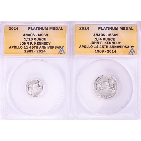 Set of 2014 Proof 1/10 & 1/4 oz Platinum JFK Apollo 11 Anniversary Medals ANACS MS69