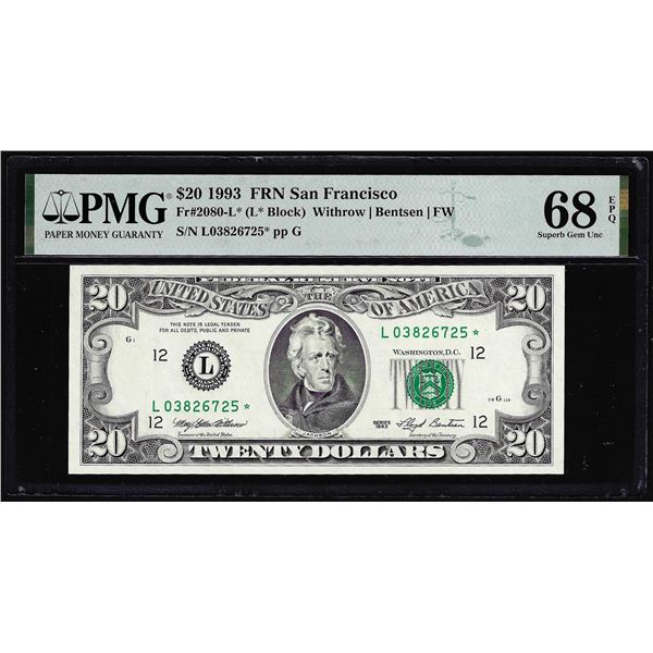 1993 $20 Federal Reserve STAR Note San Francisco Fr.2080-L* PMG Superb Gem Unc 68EPQ