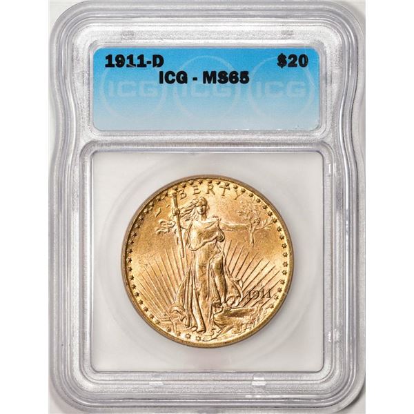 1911-D $20 St. Gaudens Double Eagle Gold Coin ICG MS65