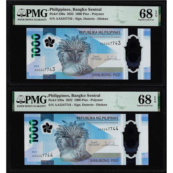 (2) Consecutive 2022 Philippines 1000 Piso Notes PMG Superb Gem Uncirculated 68EPQ