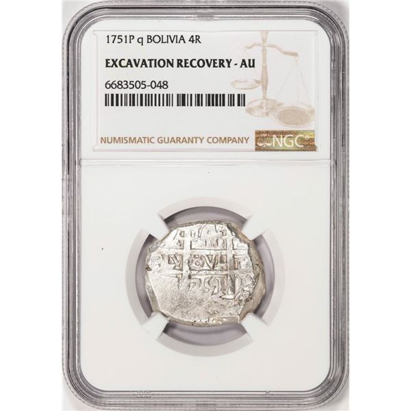 Shipwreck 1751P q Bolivia 4 Reales Silver Coin NGC AU Excavation Recovery