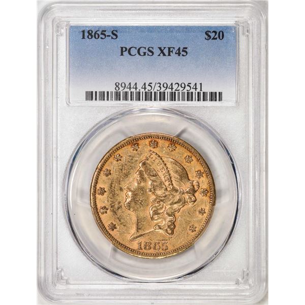 1865-S $20 Liberty Head Double Eagle Gold Coin PCGS XF45