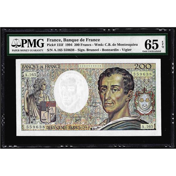 1994 France Banque de France 200 Francs Note Pick# 155f PMG Gem Uncirculated 65EPQ