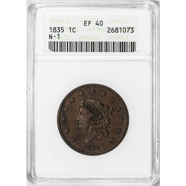 1835 N-1 Coronet Head Large Cent Coin ANACS EF40