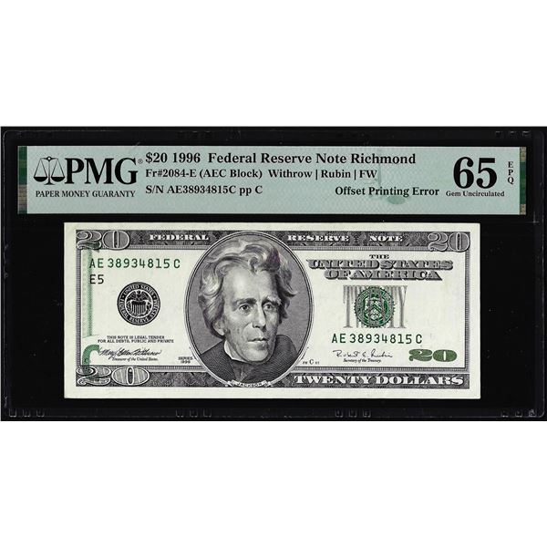 1996 $20 Federal Reserve Offset Printing Error Note PMG Gem Uncirculated 65EPQ