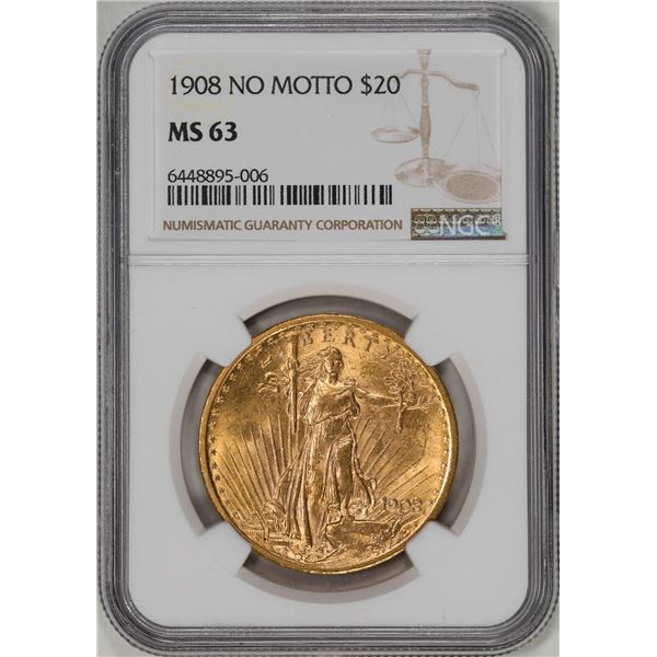 1908 No Motto $20 St. Gaudens Double Eagle Gold Coin NGC MS63