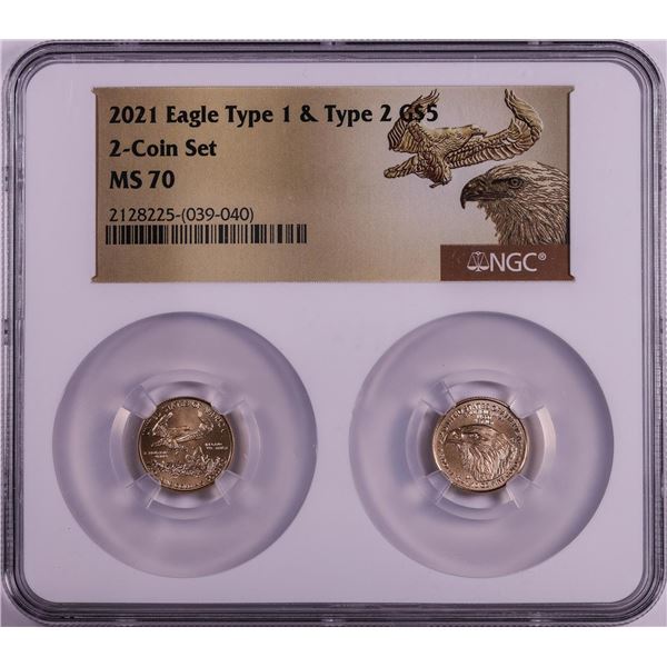 Set of 2021 Type 1 & Type 2 $5 American Gold Eagle Coins NGC MS70