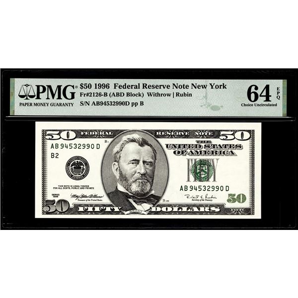 1996 $50 Federal Reserve Note New York Fr.2126-B PMG Choice Uncirculated 64EPQ