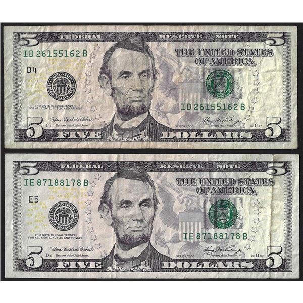 Lot of (2) 2006 $5 Federal Reserve Notes Fancy Radar Serial Numbers