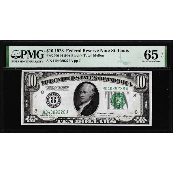 1928 $10 Federal Reserve Note St. Louis Fr.2000-H PMG Gem Uncirculated 65EPQ