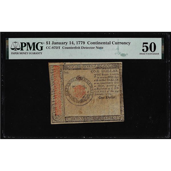 1779 $1 Continental Currency Counterfeit Detector Note CC-87DT PMG About Unc. 50