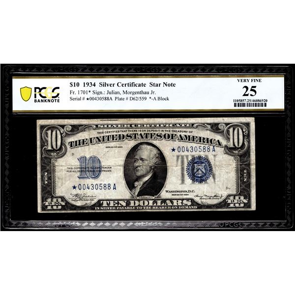 1934 $10 Silver Certificate STAR Note Fr.1701* PCGS Very Fine 25