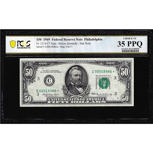 1969 $50 Federal Reserve Star Note Fr.2114-C* PCGS Choice Very Fine 35PPQ