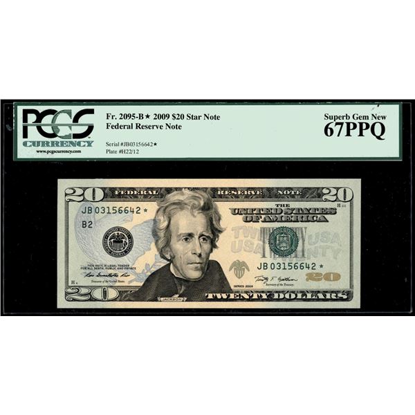 2009 $20 Federal Reserve STAR Note Fr.2095-B* PCGS Superb Gem New 67PPQ