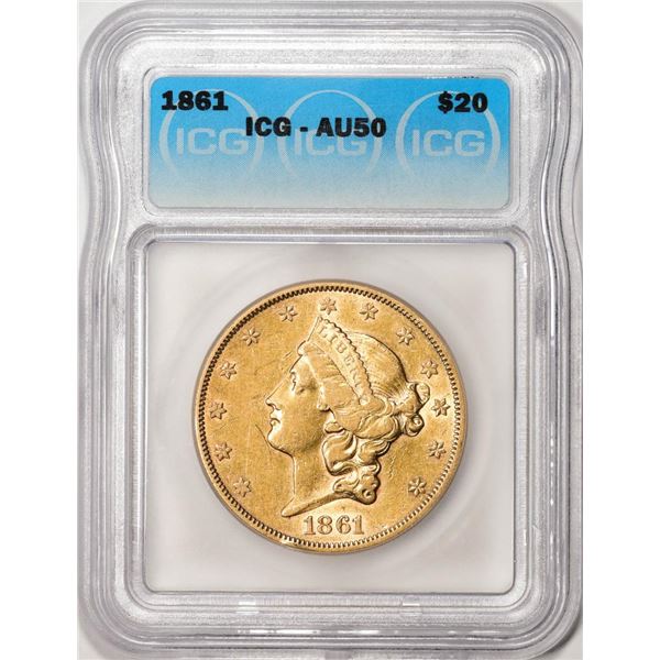 1861 $20 Liberty Head Double Eagle Gold Coin ICG AU50