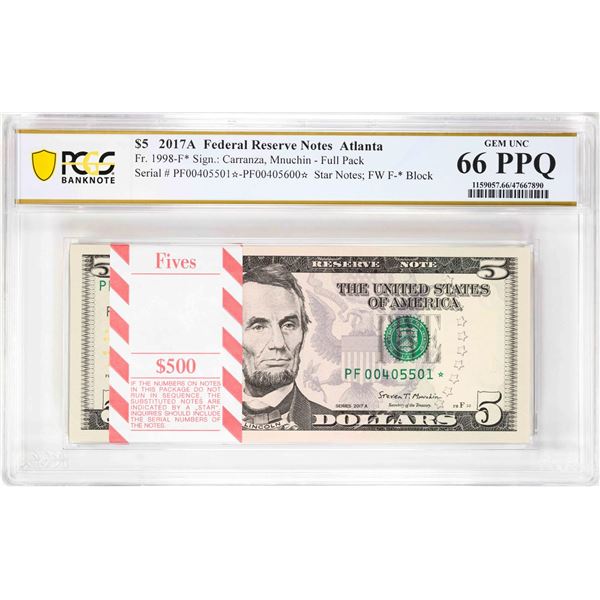 Pack 2017A $5 Federal Reserve STAR Notes ATL Fr.1998-F* PCGS Gem Uncirculated 66PPQ