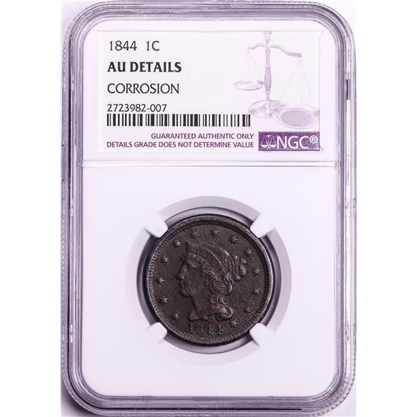 1844 Braided Hair Large Cent Coin NGC AU Details