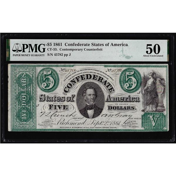 1861 $5 Confederate States Contemporary Counterfeit Note CT-33 PMG About Unc. 50