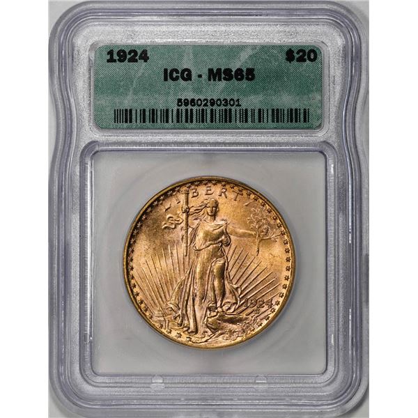 1924 $20 St. Gaudens Double Eagle Gold Coin ICG MS65