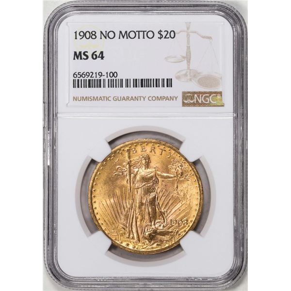 1908 No Motto $20 St. Gaudens Double Eagle Gold Coin NGC MS64