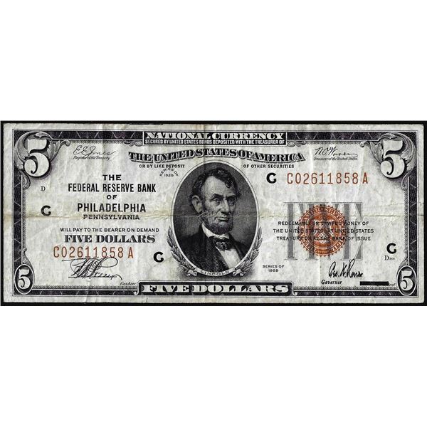 1929 $5 Federal Reserve Bank Note Philadelphia