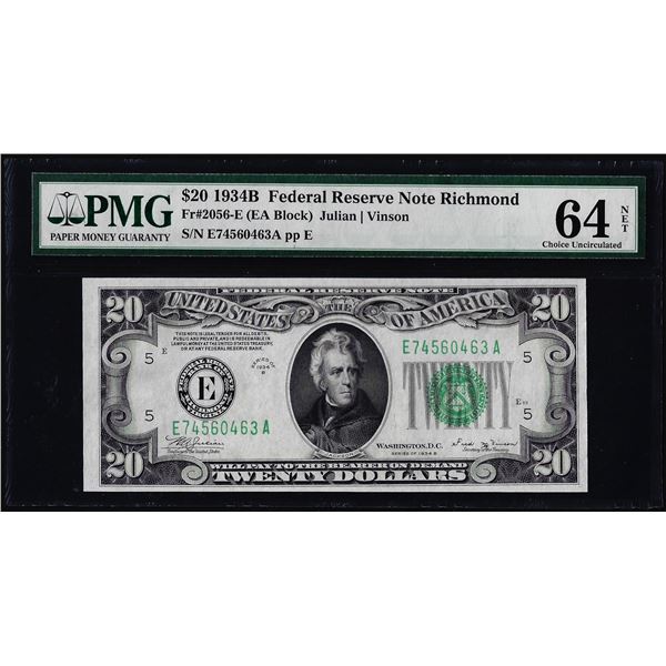 1934B $20 Federal Reserve Note Richmond Fr.2056-E PMG Choice Uncirculated 64 Net