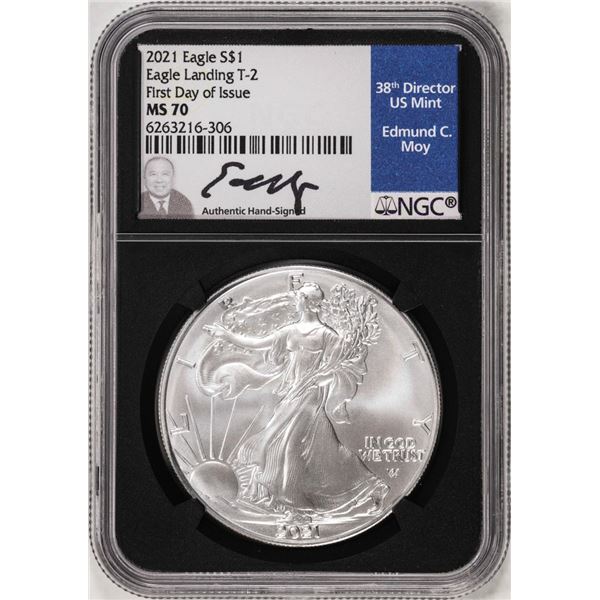 2021 Type 2 $1 American Silver Eagle Coin NGC MS70 FDOI Edmund Moy Signature