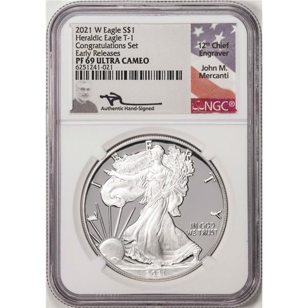 2021-W $1 Proof American Silver Eagle Coin NGC PF69 Ultra Cameo Mercanti Signature