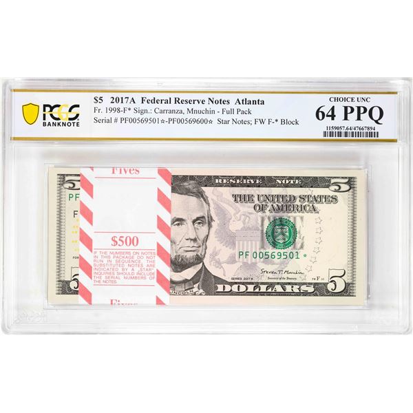 Pack 2017A $5 Federal Reserve STAR Notes ATL Fr.1998-F* PCGS Choice Uncirculated 64PPQ