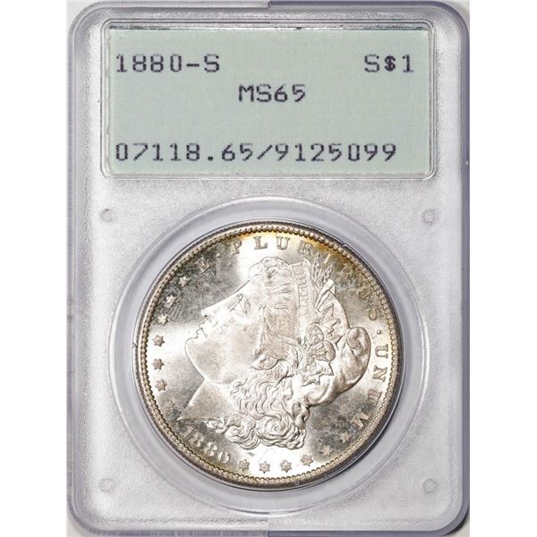 1880-S $1 Morgan Silver Dollar Coin PCGS MS65 Old Rattler Holder Nice Toning