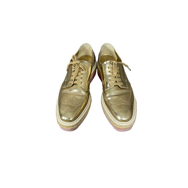 PRADA Gold Metallic Platform Espadrille Brogues Oxfords